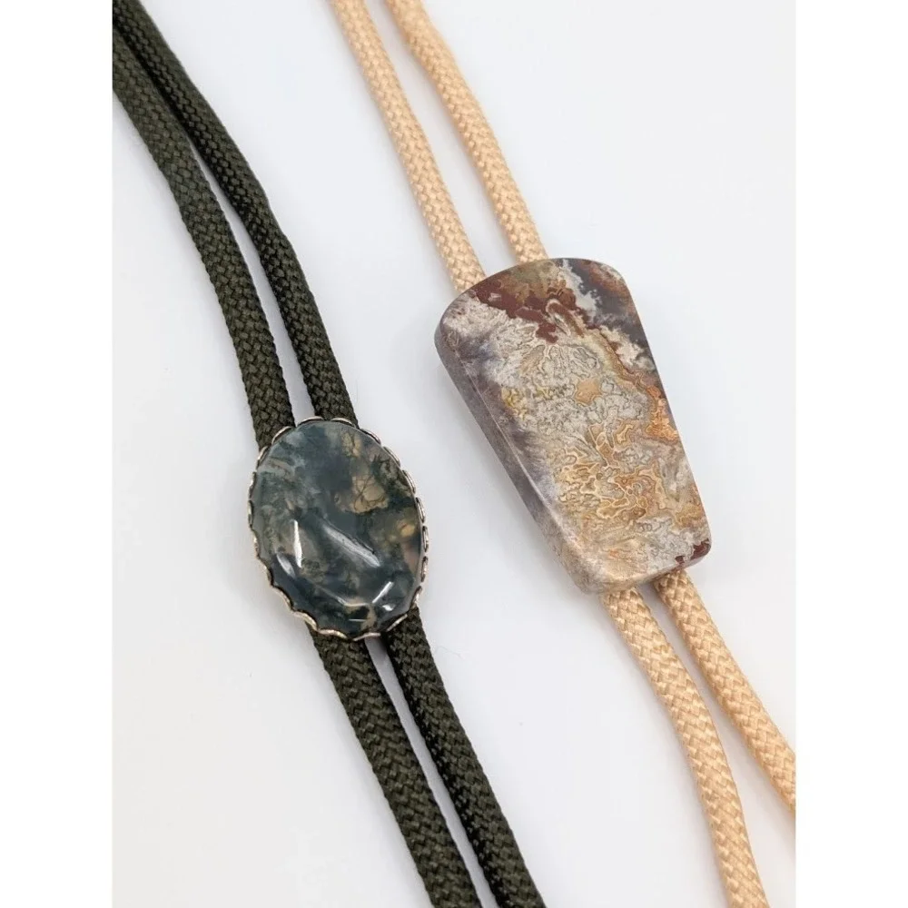 Lot of 2 Vintage Bolo Tie Green‎ and Tan Natural Stone Western Necktie Festival